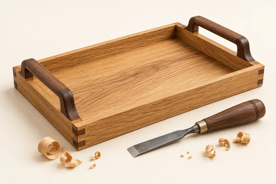 Illustration 3D d’outils de menuiserie et d’un assemblage en bois